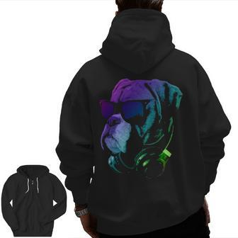 Boxer Dog With Sunglasses And Headphones Zip Up Hoodie Back Print | Mazezy