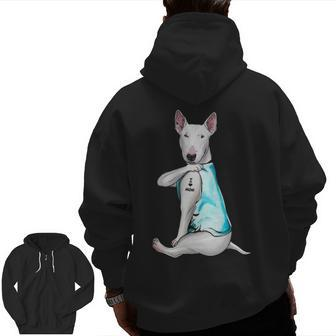 Bull Terrier Tattoos I Love Mom Sitting Mother's Day Zip Up Hoodie Back Print | Mazezy