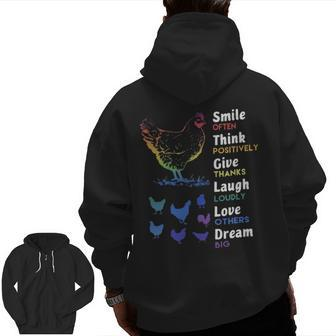 Chicken Smile Often Think Positively Give Thanks Laugh Loudly Love Others Dream Big Zip Up Hoodie Back Print | Mazezy