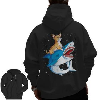Chihuahua Riding Shark Jawsome Dog Lover Space Galaxy Zip Up Hoodie Back Print | Mazezy