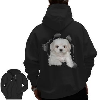 Cute Maltese Torn Cloth Maltese Lover Dog Owner Puppy Zip Up Hoodie Back Print | Mazezy