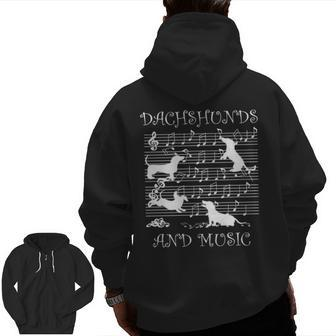 Dachshund Music Notes Musician Clef Piano Zip Up Hoodie Back Print | Mazezy