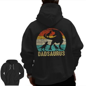 Dad Saurus T Rex Daddy Dinosaur 3 Three Kids Father's Day Zip Up Hoodie Back Print | Mazezy