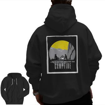 Dad And Son Outdoor Campfire On Mountain Summertime Zip Up Hoodie Back Print | Mazezy