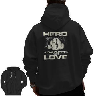 Dad A Son's First Hero A Daughter's First Love Fist Bump Father's Day Vintage Zip Up Hoodie Back Print | Mazezy