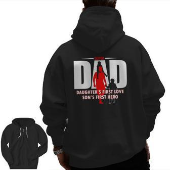 Dad Son's First Hero Daughter's First Love Mens Fathers Day Zip Up Hoodie Back Print | Mazezy