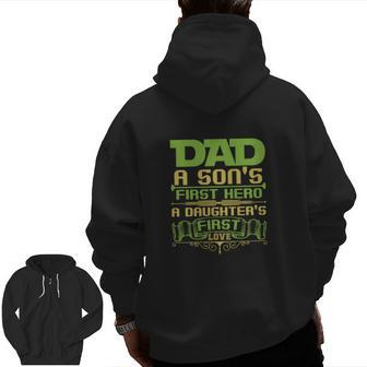 Dad A Son's First Hero Zip Up Hoodie Back Print | Mazezy