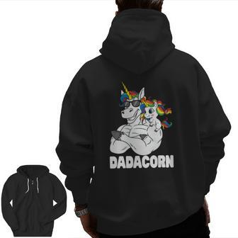 Dadacorn Muscle Unicorn Dad With Baby Daughter Sunglasses Zip Up Hoodie Back Print | Mazezy