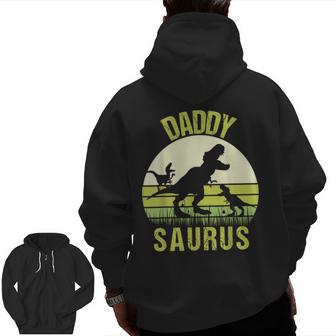 Daddy Dinosaur Daddysaurus 2 Two Kids Fathers Day Zip Up Hoodie Back Print | Mazezy