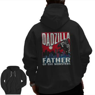 Dadzilla Father Of The Monsters Dad Vintage Distressed Zip Up Hoodie Back Print | Mazezy