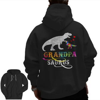 Dinosaur Grandpa Saurus Grandpasaurus Autism Awareness Zip Up Hoodie Back Print | Mazezy
