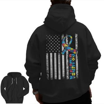 Distressed Autism Grandpa American Flag Family Matching Zip Up Hoodie Back Print | Mazezy