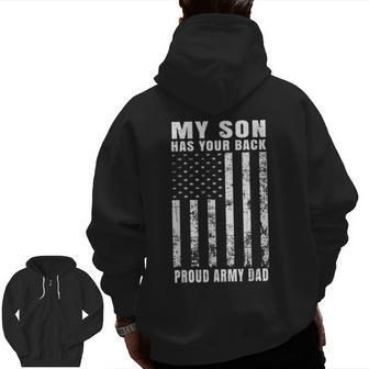 Distressed Patriotic American Flag Proud Army Dad Zip Up Hoodie Back Print | Mazezy