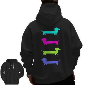 Doxie Lover Brightly Colored Dachshunds Zip Up Hoodie Back Print | Mazezy