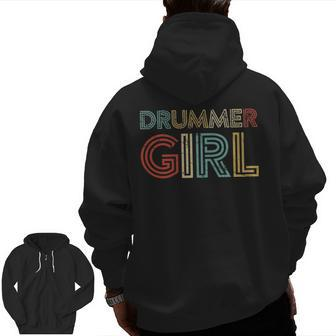 Drummer Girl Retro Vintage Drumming Musician Percussionist Zip Up Hoodie Back Print | Mazezy CA