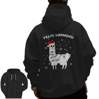 Feliz Llamadad Lama Christmas Saying Alpaca Outfit Zip Up Hoodie Back Print | Mazezy