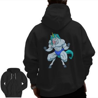 Fitness Bodybuilder Unicorn Shows Muscles Gym Zip Up Hoodie Back Print | Mazezy