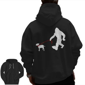 Bigfoot Walking With Bull Terrier Dog Zip Up Hoodie Back Print | Mazezy