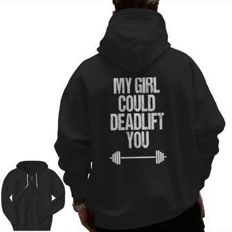 Deadlift Weightlifting Barbell Fitness Outfit Zip Up Hoodie Back Print | Mazezy CA
