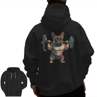 French Bulldog Bodybuilding Gym Frenchie Weightlifter Zip Up Hoodie Back Print | Mazezy