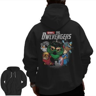 Owl Lover Owlvengers For Fans Zip Up Hoodie Back Print | Mazezy