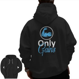 Only Gains Gym Fitness Workout Parody Zip Up Hoodie Back Print | Mazezy