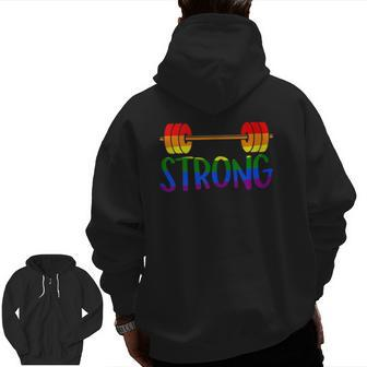 Gay Pride Strong Gym Rainbow Barbell Zip Up Hoodie Back Print | Mazezy