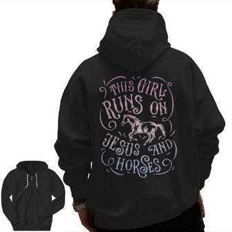 This Girl Runs Jesus And Horses Horse Riding Equestrian Zip Up Hoodie Back Print | Mazezy CA