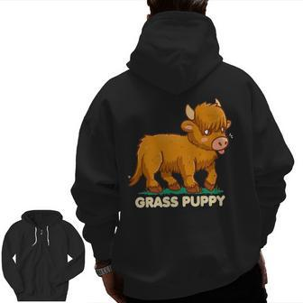Grass Puppy Alternative Animal Name Scottish Highland Cow Zip Up Hoodie Back Print | Mazezy