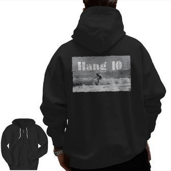Hang 10 Surfer Riding Wave Retro Distressed Zip Up Hoodie Back Print | Mazezy