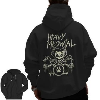 Heavy Metal Headbanger Drummer Cat Playing Drum Meowtal Zip Up Hoodie Back Print | Mazezy
