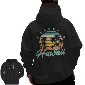 Honolulu Hawaii Surfing Oahu Island Aloha Sunset Palm Trees Zip Up Hoodie Back Print | Mazezy