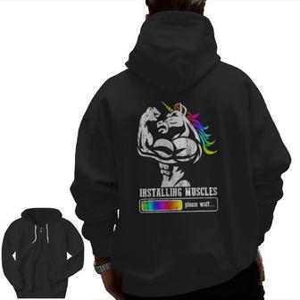 Installing Muscles Unicorn Rainbow Father's Day Dadacorn Zip Up Hoodie Back Print | Mazezy