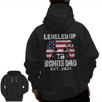 Leveled Up To Daddy Bonus Dad Est 2021 Unlocked Father's Day Zip Up Hoodie Back Print | Mazezy