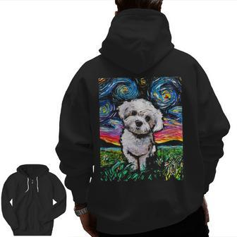 Maltipoo Starry Night White Maltese Poodle Dog Art By Aja Zip Up Hoodie Back Print | Mazezy