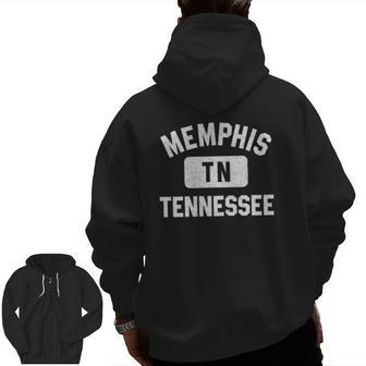 Memphis Tn Tennessee Gym Style Distressed White Print Zip Up Hoodie Back Print | Mazezy