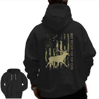 Mens Best Buckin' Pop Pop Ever Camo American Flag Deer Hunting Zip Up Hoodie Back Print | Mazezy