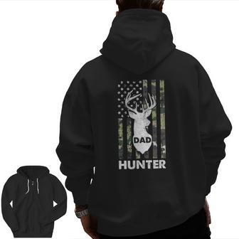 Mens Deer Hunter Dad Fathers Day Hunting American Flag Camo Papa Zip Up Hoodie Back Print | Mazezy