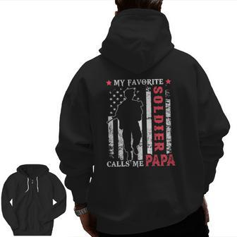 Mens My Favorite Soldier Calls Me Papa Usa Flag Father's Day Zip Up Hoodie Back Print | Mazezy