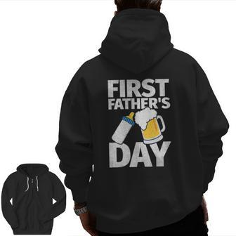 Mens First Father's Day Beer Baby Bottle Dad Daddy Zip Up Hoodie Back Print | Mazezy