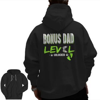 Mens Gaming Bonus Dad Level Unlocked Gamer Leveled Up Father's Zip Up Hoodie Back Print | Mazezy
