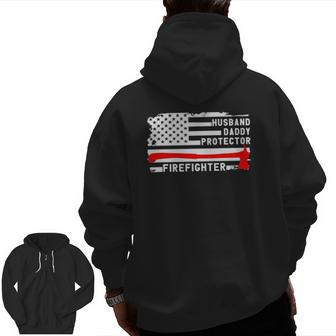 Mens Husband Daddy Protector Firefighter American Flag Fireman Zip Up Hoodie Back Print | Mazezy CA