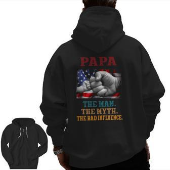 Mens Papa The Man The Myth The Bad Influence Vintage Usa Flag Zip Up Hoodie Back Print | Mazezy
