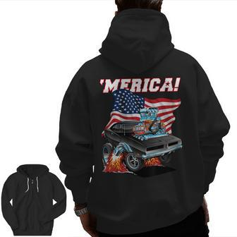 Merica Patriotic Classic Hot Rod Muscle Car Usa Flag Cartoon Patriotic Zip Up Hoodie Back Print | Mazezy AU