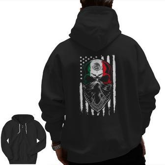 Mexican Skull Proud Mexican American Flag Zip Up Hoodie Back Print | Mazezy