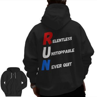 Motivational Running Training Acronym Workout Gym Quote Zip Up Hoodie Back Print | Mazezy