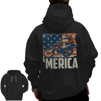 Motocross Racer Dirt Bike Merica American Flag Zip Up Hoodie Back Print | Mazezy