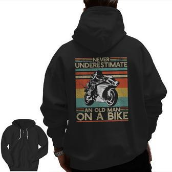 Old Man On A Bike Motocycle Dad Superbike Street Bike Zip Up Hoodie Back Print | Mazezy