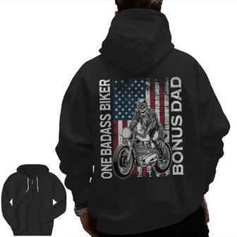 One Badass Biker Bonus Dad Grunge American Flag Skeleton For Dad Zip Up Hoodie Back Print | Mazezy