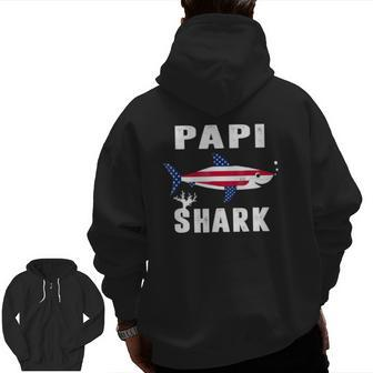 Papi Shark American Usa Flag Father's Day For Dad Zip Up Hoodie Back Print | Mazezy